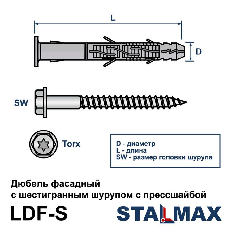 Дюбель фасадный STALMAX LDF-S R 10х80 шестигранный шуруп с прессшайбой шлиц Torx полиамид/сталь Ruspert