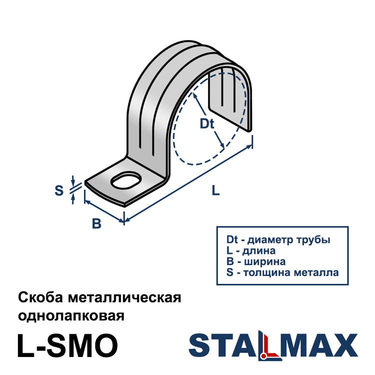 Скоба однолапковая монтажная STALMAX L-SMO 8-9 мм для труб и кабелей оцинкованная сталь